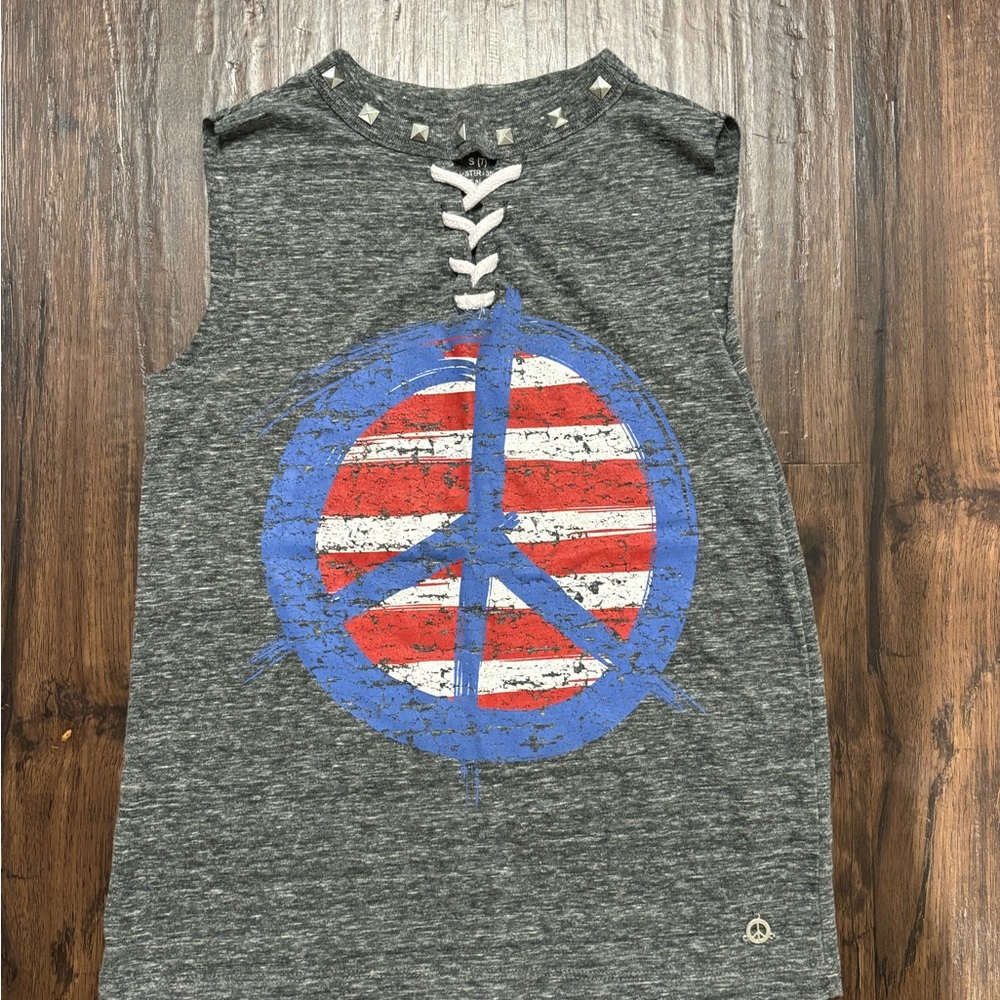 Butter Gray Tank Top with Blue and Red Peace Sign girls S